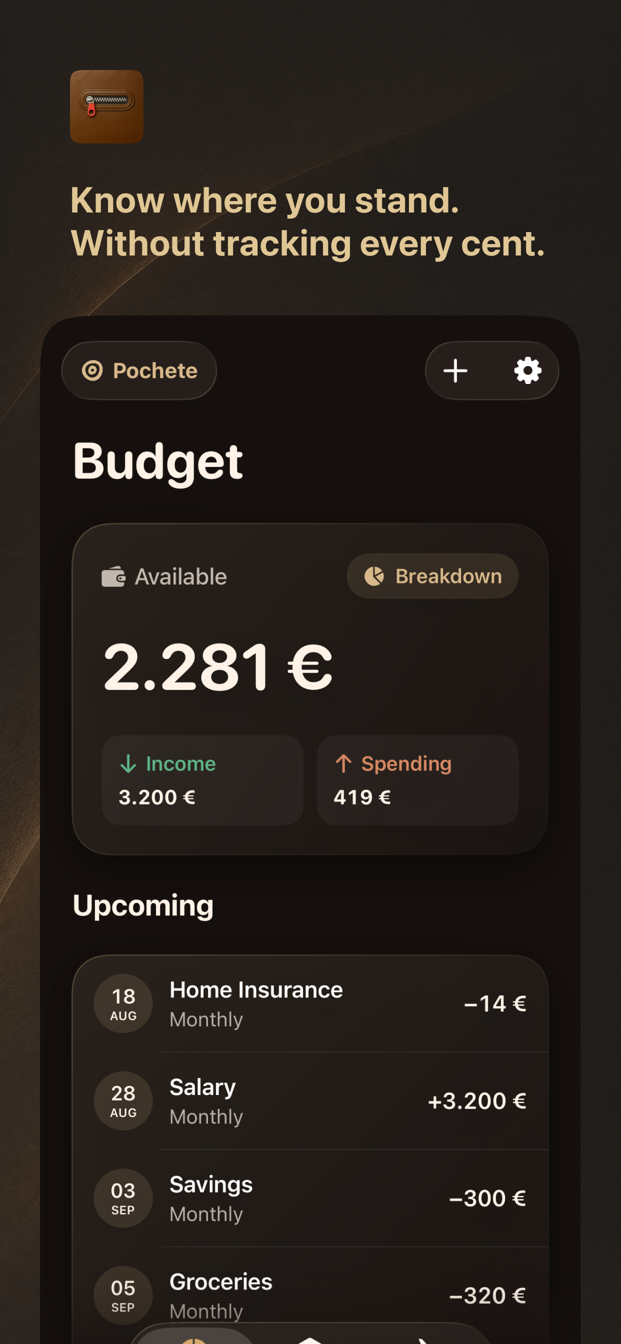 Pochete budget overview with available money, income, spending, and upcoming payments