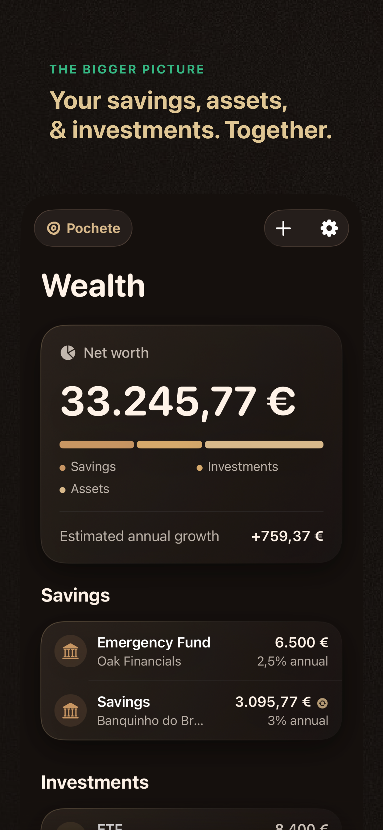Net worth overview with savings, investments, assets, and estimated annual growth