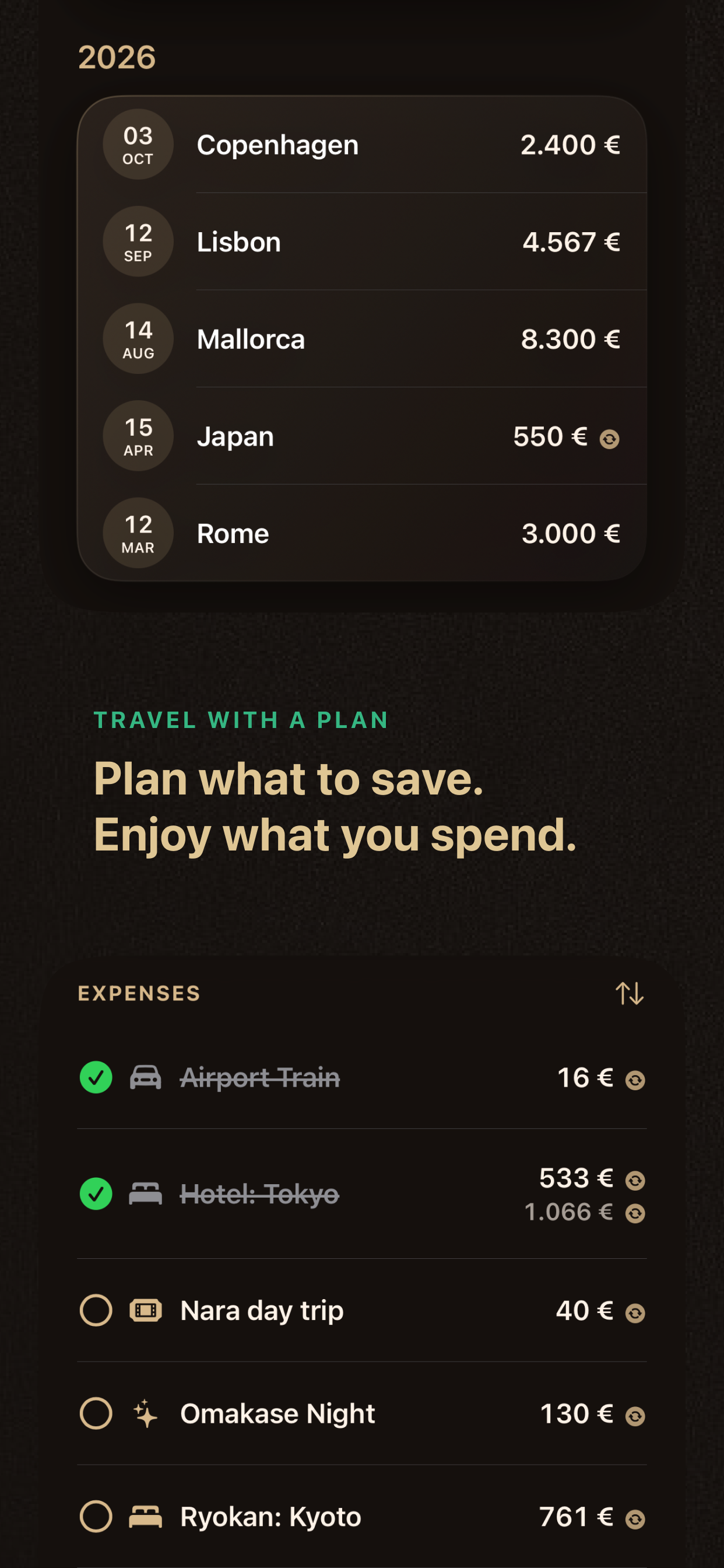 Trip budgets with planned and paid travel expenses in multiple currencies